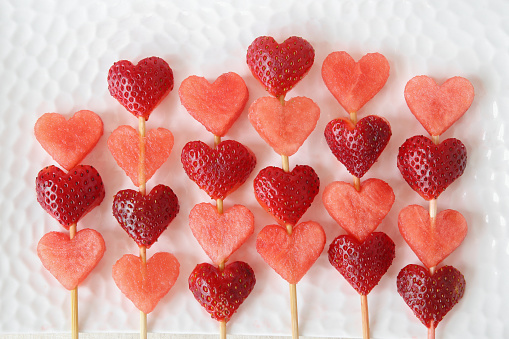 heart shape strawberry and watermelon fruit skewers